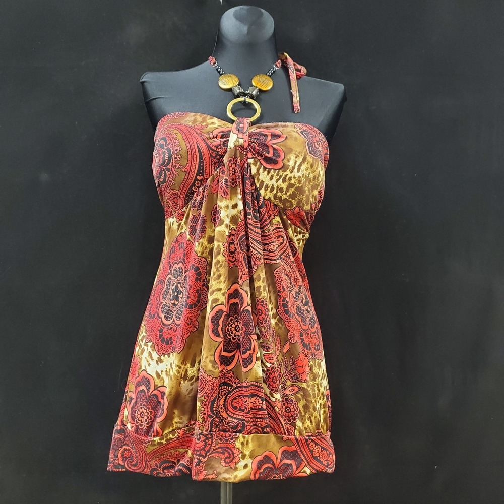 Y2K Halter Top Size L Bratz Vintage Babydoll Chunky Bling Floral Boho Going Out